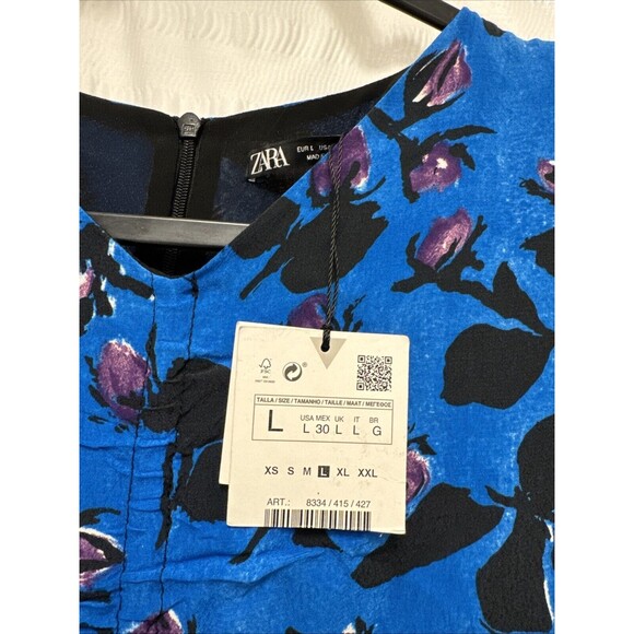 ZARA Mini Dress Womens Large Blue Floral Print Bodycone Long Sleeve NWT - Picture 4 of 10
